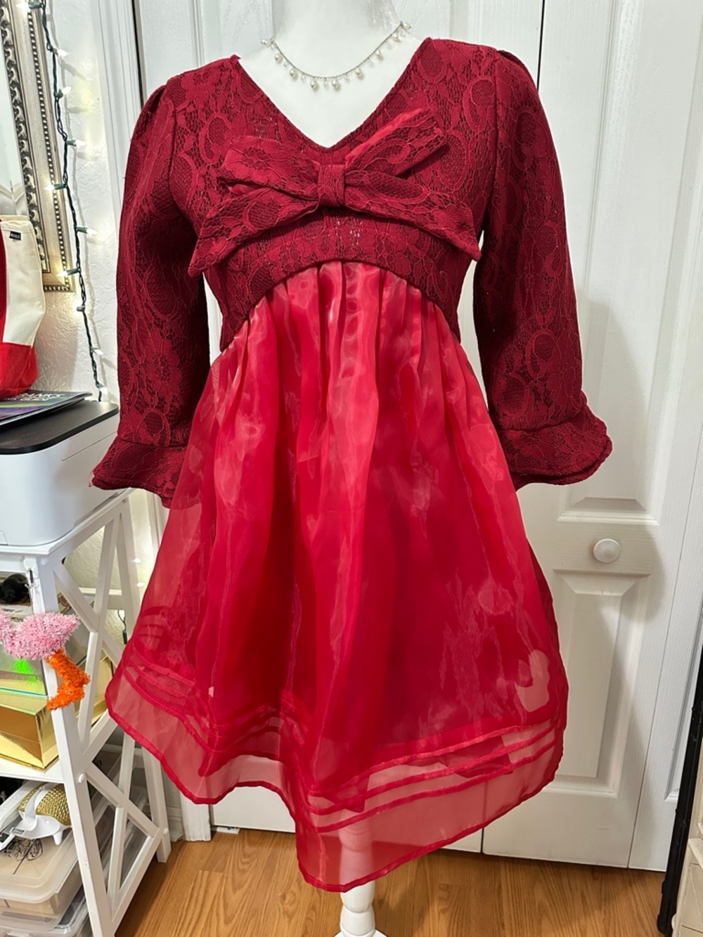 Yimeiyibei Girls Red Lace Bodice & Organza Bow-Accent Party Dress (L)